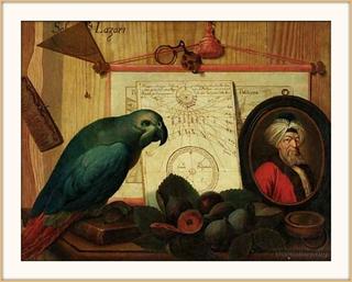 A tromp-l'oeil still life with a parrot on a book, figs, a portrait miniature of a turbaned man