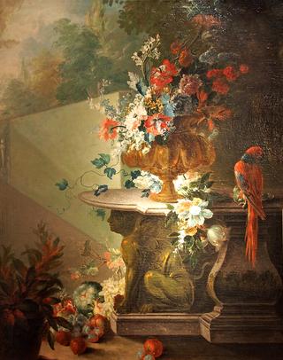 Flowers, fruit and a parrot on the table
