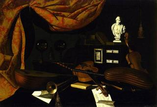 Musical Instruments with Two Glass Spheres and a Male Bust