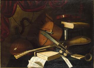 A lute, cello, violin, guitar, musical manuscript and books on a draped table
