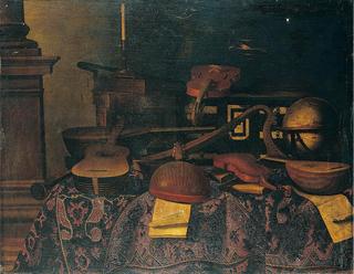 A still life of musical instruments musical scores, a celestial globe, books, a candle