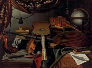 Musical instruments, books, music scores, a globe and a rooster on a table draped with a carpet