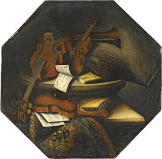 Still-life with musical instruments over a stone ledge
