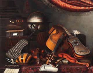 Musical instruments, a globe, books, playing cards, and a palette