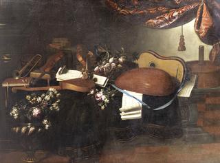 Still-life with musical instruments, fruit and flowers on a stone ledge