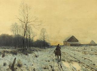 Horse and Figure on Snowy Road