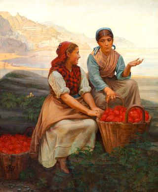 篮子里有西红柿的意大利女孩