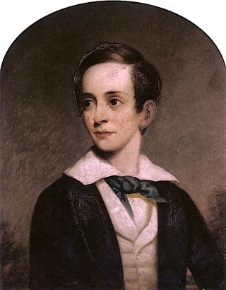 一个小男孩的肖像，半身，蓝色夹克，白色背心和蓝色领结