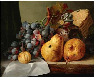 Pears, Grapes, A Greengage, Plums A Stoneware Flask And A Wicker Basket On A Wooden Ledge