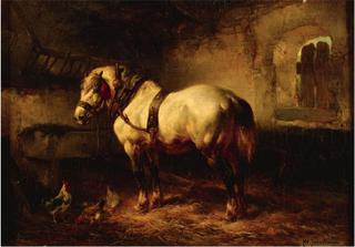 A Horse and Chickens in a Stable