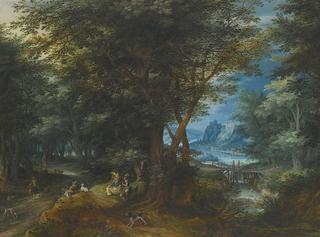 Summer Landscape with a Lady and Gentleman Seated and Sportsmen Returning with Game