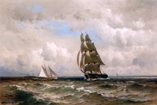 Brigantine, Schooner and Steamship at Sea