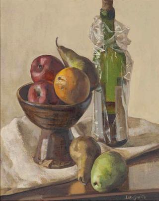 Still life with apples, pears, orange and wine bottle