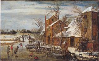 Winter landscape with skaters