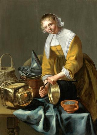 A Kitchen Maid Standing By A Table With Copper Pots, Pewter, Plates and Other Objects