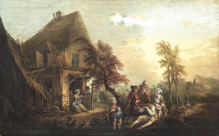 Landscape with a house and music-making company