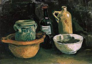 Still Life with Pottery and Two Bottles