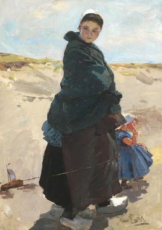 Fisher woman with child on the beach at Katwijk