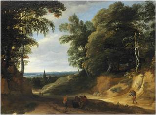 A wooded landscape with figures on a path, a village beyond