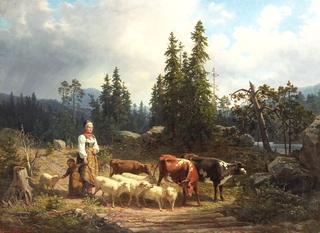 Girl with herd in landscape