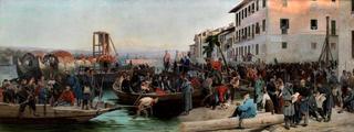 The landing of Garibaldi and his Cacciatori delle Alpi in Sesto Calende on May 23, 1859