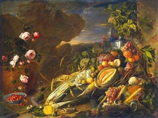 Still Life with Fruits and Flowers in a Lanscape