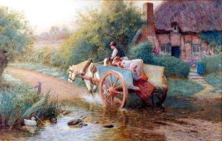 Horse and cart with figures on a country path, crossing a ford