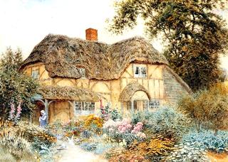 Girl with Doves before a Cottage