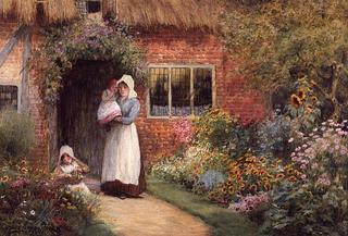 Mother and Children Outside a Cottage