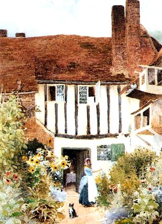 Girl and Cat Outside Cottage