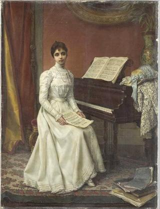 Interior scene of a young lady wearing a white dress seated at a piano forte