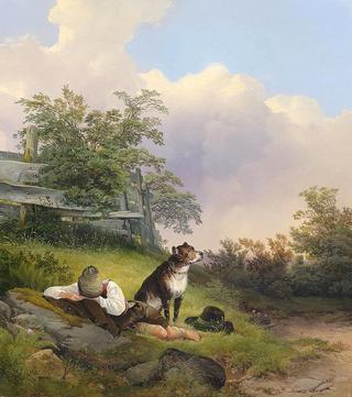 Sleeping young man with his watchful dog