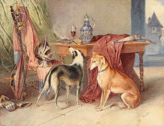 An interior with greyhounds and a still-life with pieces of armour