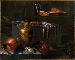 Kitchen Interior with Copper Ware, Octopus, and Onions on a Stone Ledge