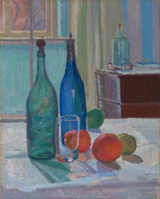 Still life with blue bottles and oranges