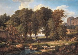 Landscape with Trees and Cows at a Pool