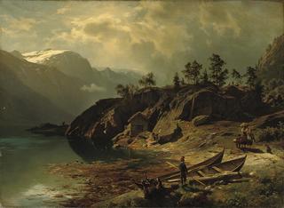 Figures near a Mountain Lake