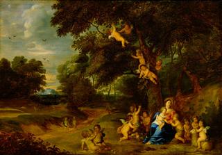 Mary with child and Angels in a Forest Landscape