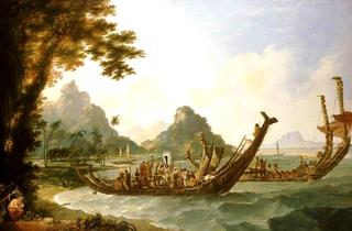 War Boats of Otaheite (with a View of Part of the Harbour of Ohaneneno, April 1774)