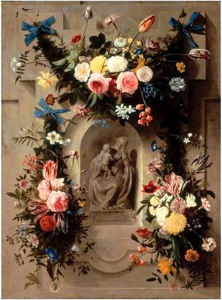 Garlands of Flowers surrounding a Statue of the Madonna and Child in a Niche