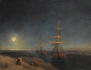 Ships Travelling Through a Canal on a Moonlit Night
