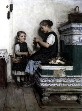 Girl Knitting girl on Bench with Little Sister