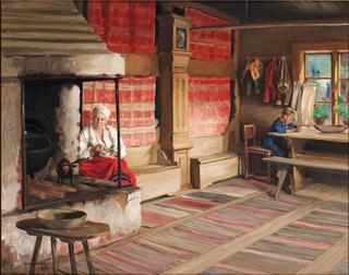 Interior with a Woman and Boy Reading