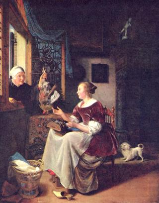 A young lacemaker is interrupted by a birdseller who offers her ware through the window