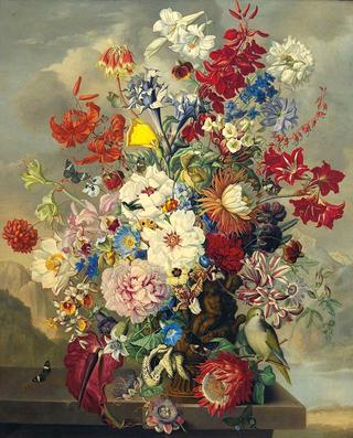 Flower Still Life with Parrot and Butterflies