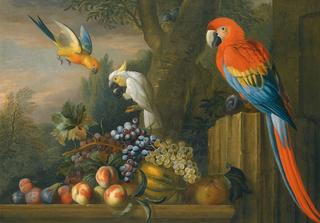A Still Life With Fruit, Parrots And a Cockatoo