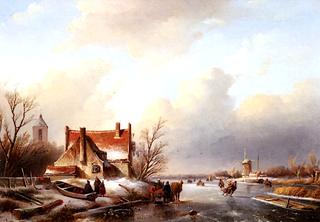 A Winter Landscape with Skaters near a Farmhouse