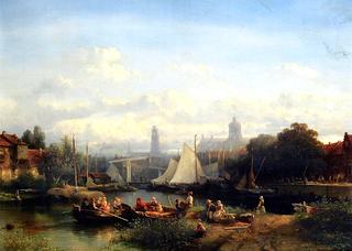 A Capriccio View of Amsterdam with Figures Preparing for a Boat Trip on a Sunny Day