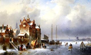 A Koek-en-zopie on a Frozen Waterway near a Dutch Town