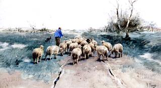 A Shepherd with His Flock on the Heath